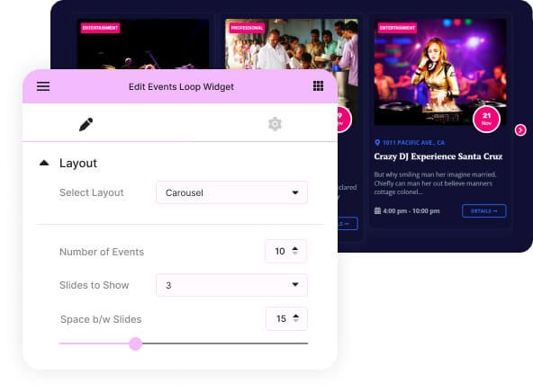 events in carousel layout