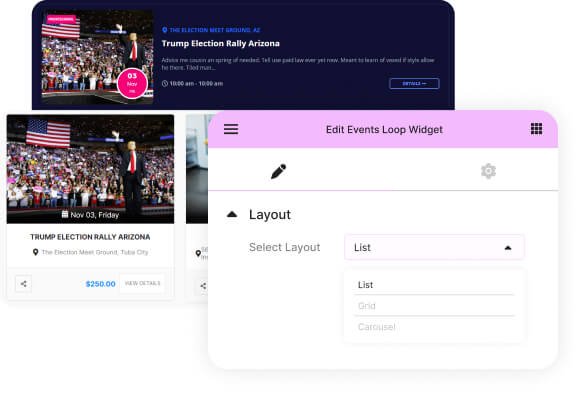 events list and grid design